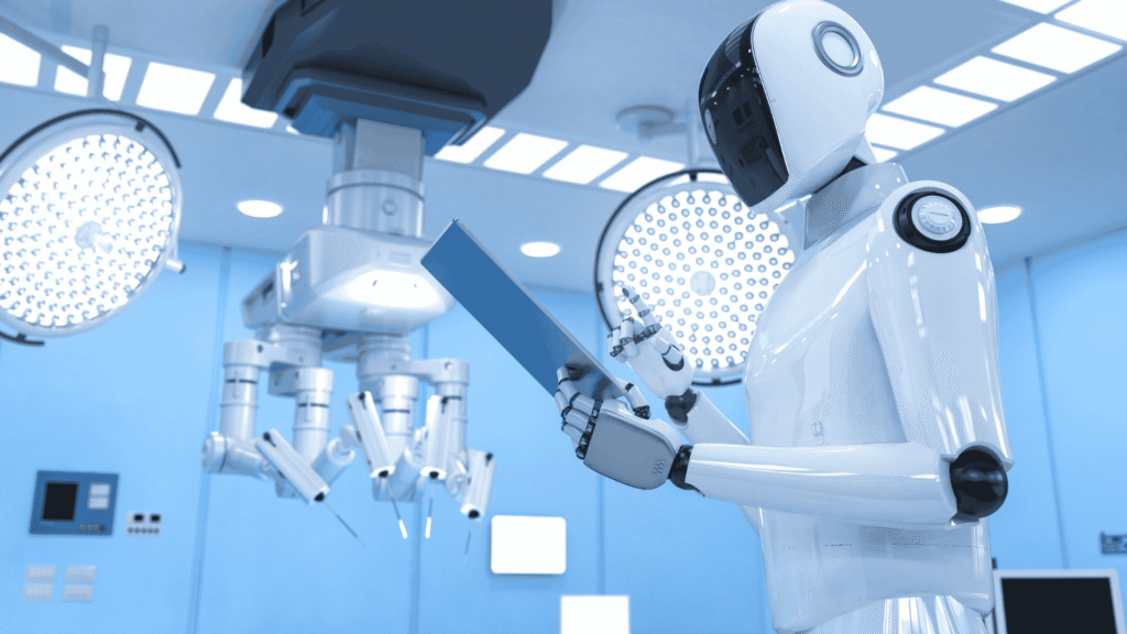A robot in a hospital laboratory holding a tablet, standing in front of medical procedure equipment