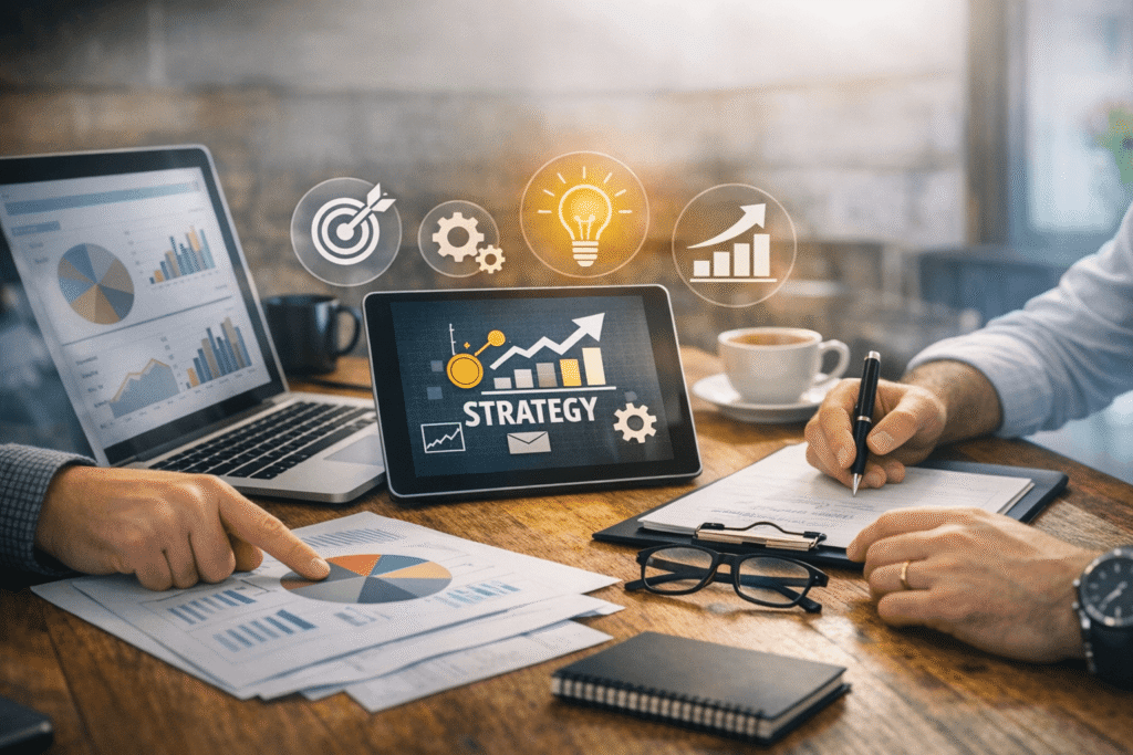 Strategic business planning session evaluating growth challenges and consulting needs using data and analysis