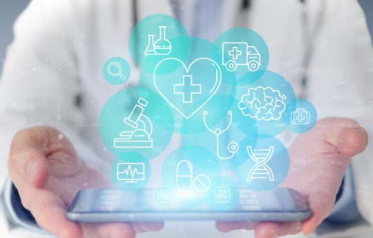 View of a Businessman holding Medical icon and connection 3d rendering