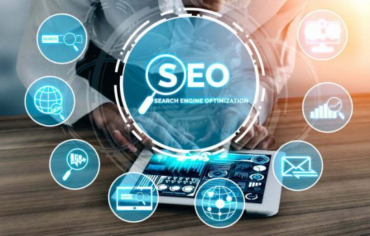 SEO - Search Engine Optimization for Online Marketing Concept. Modern graphic interface showing symbol of keyword research website promotion by optimize customer searching and analyze market strategy.